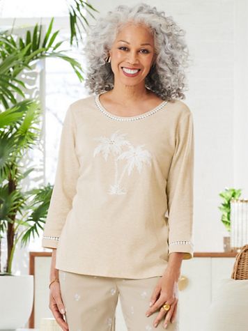 Alfred Dunner Palm Tree Center Embroidery Tee - Image 3 of 3
