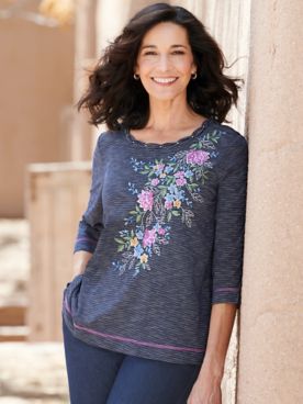 Alfred Dunner Mini Stripe Tunic With Embroidered Flowers