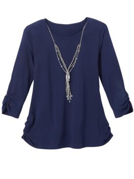 Alfred Dunner Shirred Trim Knit Top With Necklace