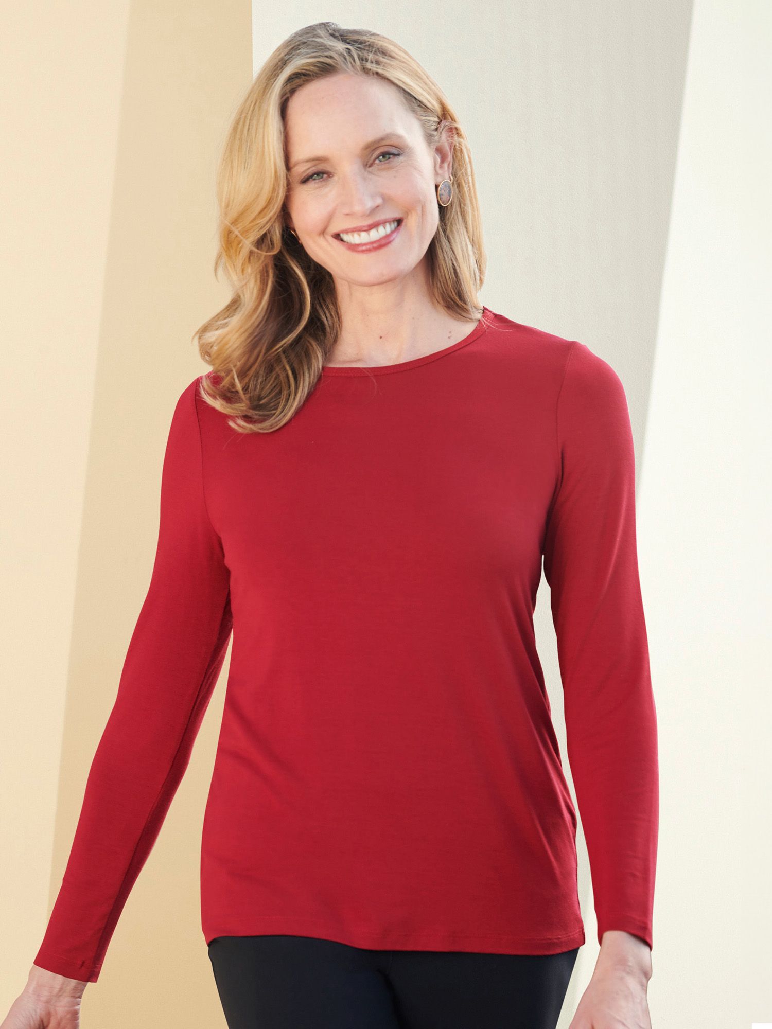 Silky Knit Long Sleeve Jewel Neck Top
