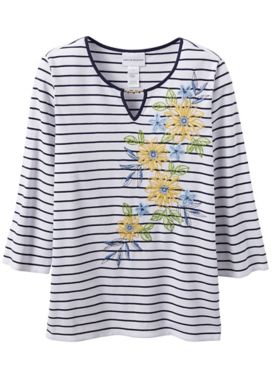 Alfred Dunner Pinstripe With Sunflowers Knit Top