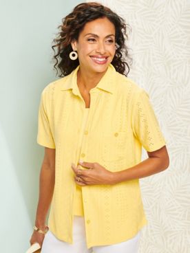 Stretch Eyelet Button Front Shirt