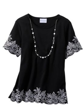 Alfred Dunner Embroidered Scallop Hem Tee