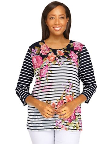 Alfred Dunner® Theater District Contrast Stripe Print Top - Image 1 of 4