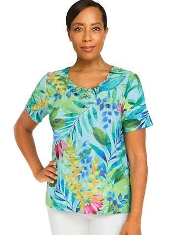 Alfred Dunner® Classic Tropical Leaves Lace Neck Top - Image 1 of 1
