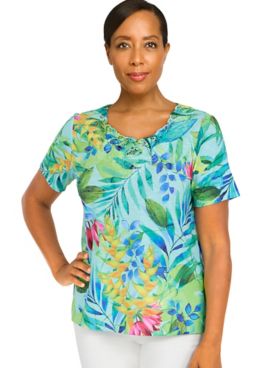 Alfred Dunner® Classic Tropical Leaves Lace Neck Top