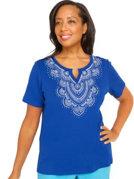 Alfred Dunner® Cool Vibrations Embroidered Split Neck Tee