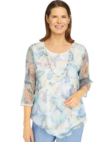 Alfred Dunner® Set Sail Asymmetric Mesh Seashell Top - Image 2 of 2