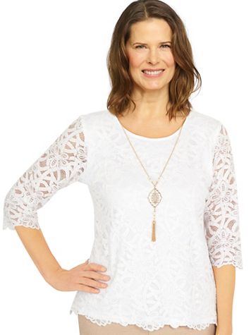 Alfred Dunner® Best Dressed Three Quarter Sleeve Lace Top with Necklace - Image 2 of 2