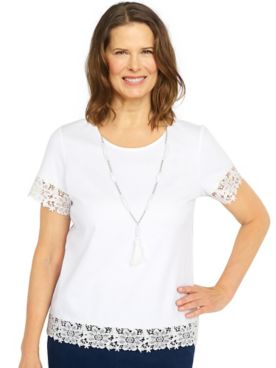 Alfred Dunner® Jean Pool Lace Trim Top With Necklace