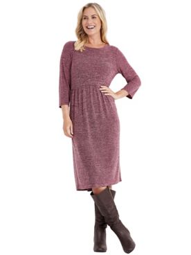 Haband Women’s Marled Hacci Sweater Knit Empire Waist Dress, 3/4 Sleeves
