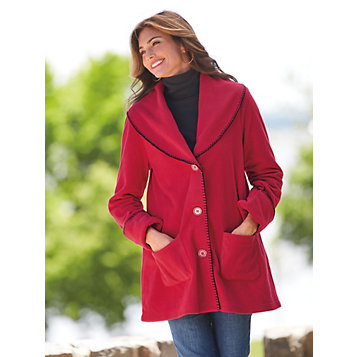 Women's Shawl Collar Long Fleece Jacket, A-Line - Haband