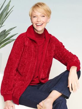 Chenille Zip-Front Long Sleeve Sweater Jacket