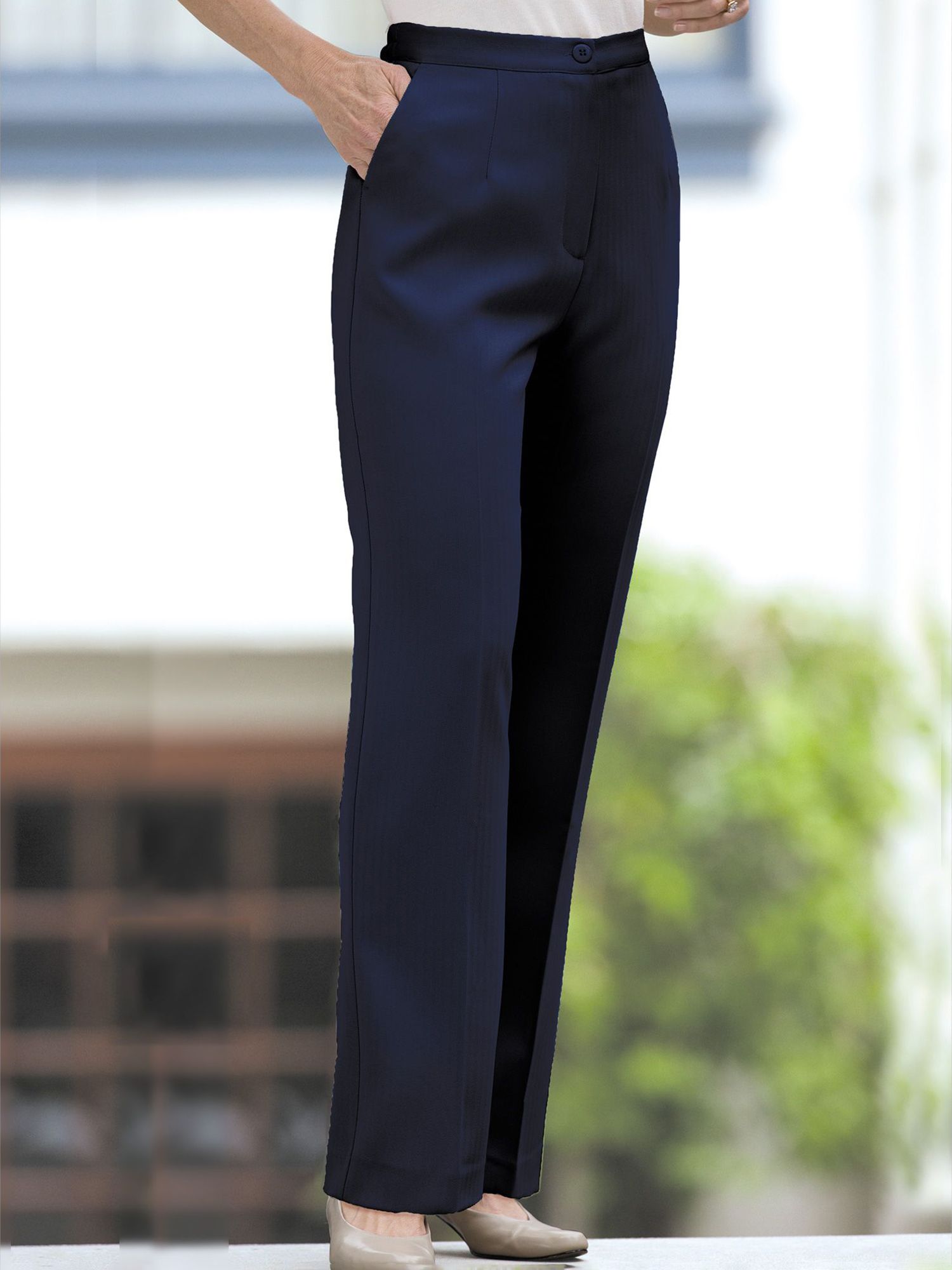 Herringbone Straight Leg Zip-Front Pants