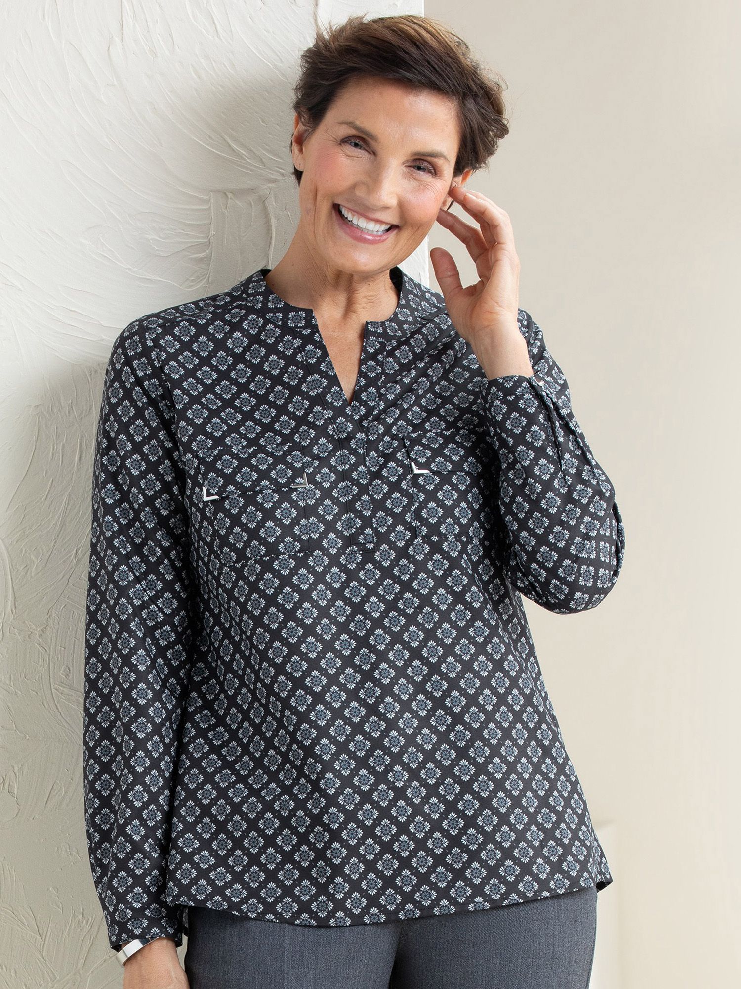 Silky Print Long-Sleeve Utility Blouse