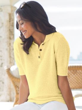 Elbow-Sleeve Linen/Cotton Polo Sweater