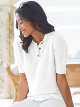 Elbow-Sleeve Linen/Cotton Polo Sweater
