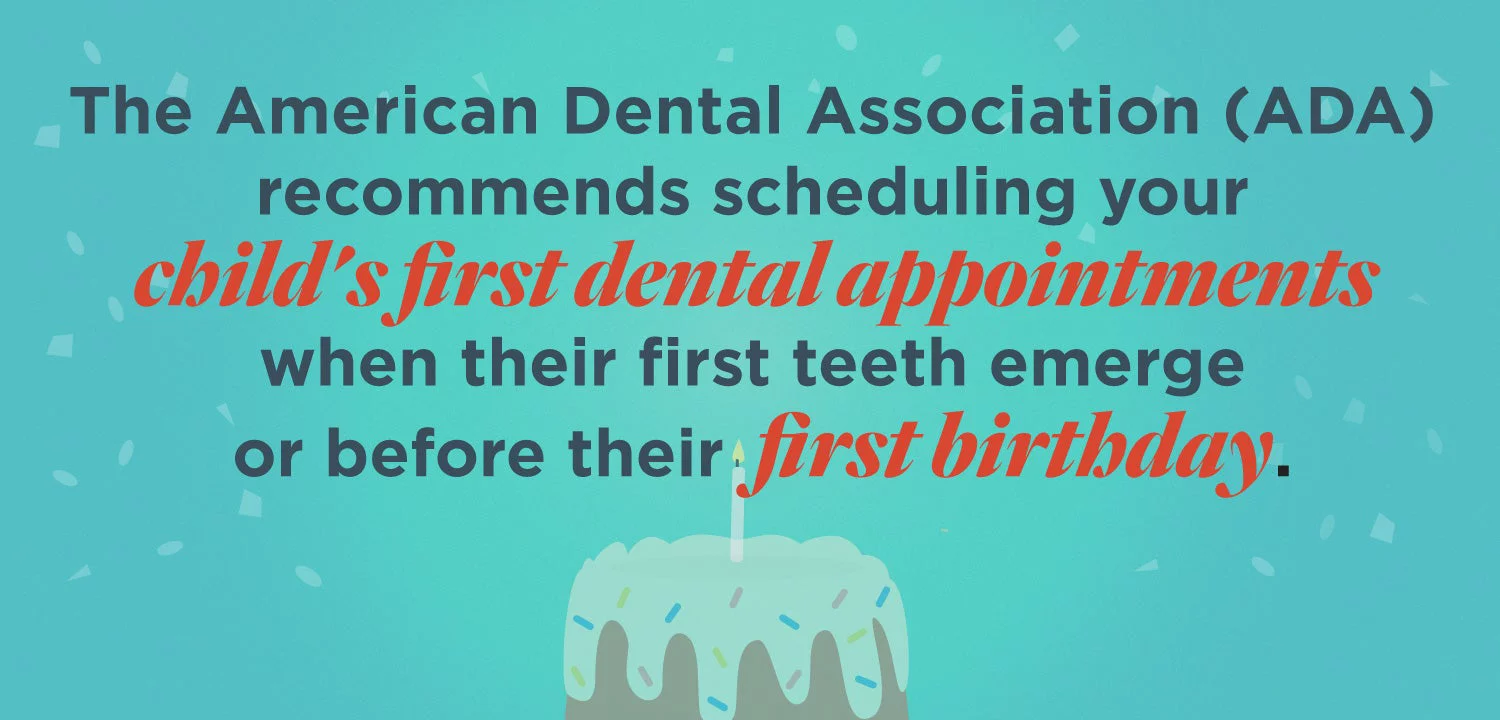 Infographic: The American Dental Association (ADA) recommends scheduling your child's first dental appointments when their first teeth emerge or before their first birthday
