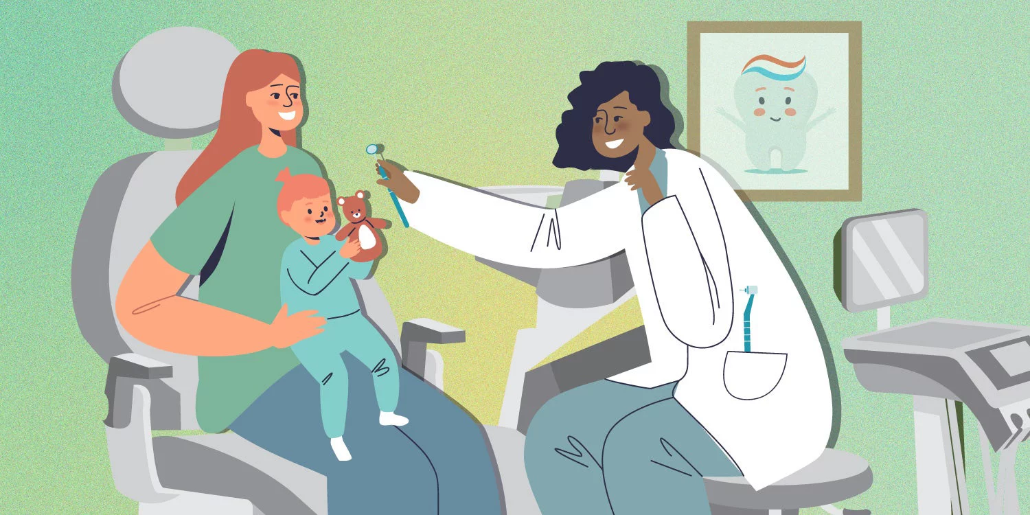 mother and baby in dental chair getting checked by dentist