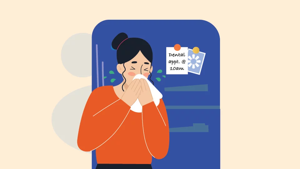 Girl sneezing with a note of her dental appointment in the background
