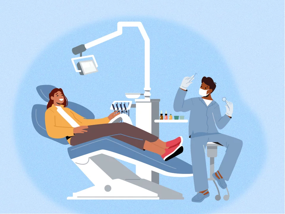 Person smiling in dental chair with dentist beside