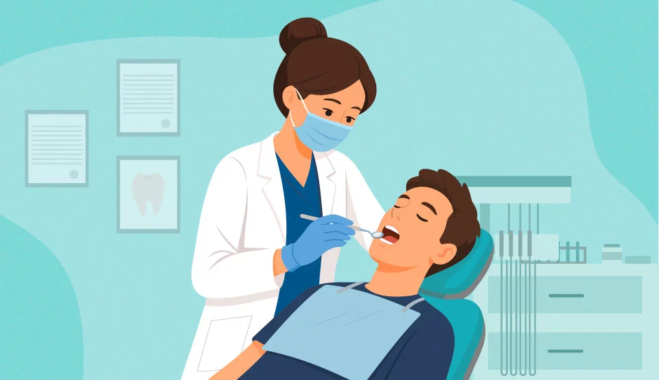 female dentist while working on a male patient's teeth