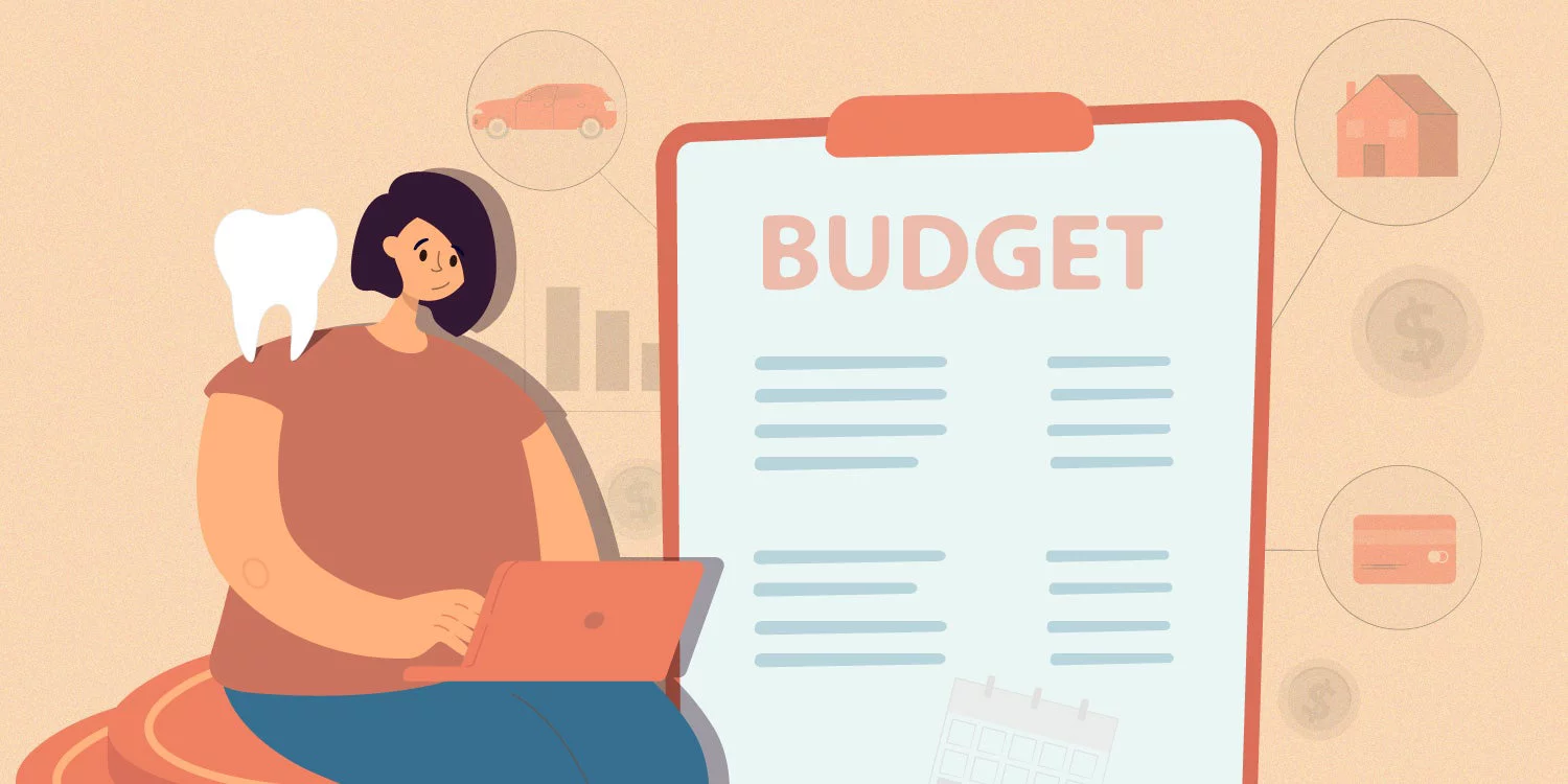 Woman sitting down and figuring out budget on laptop