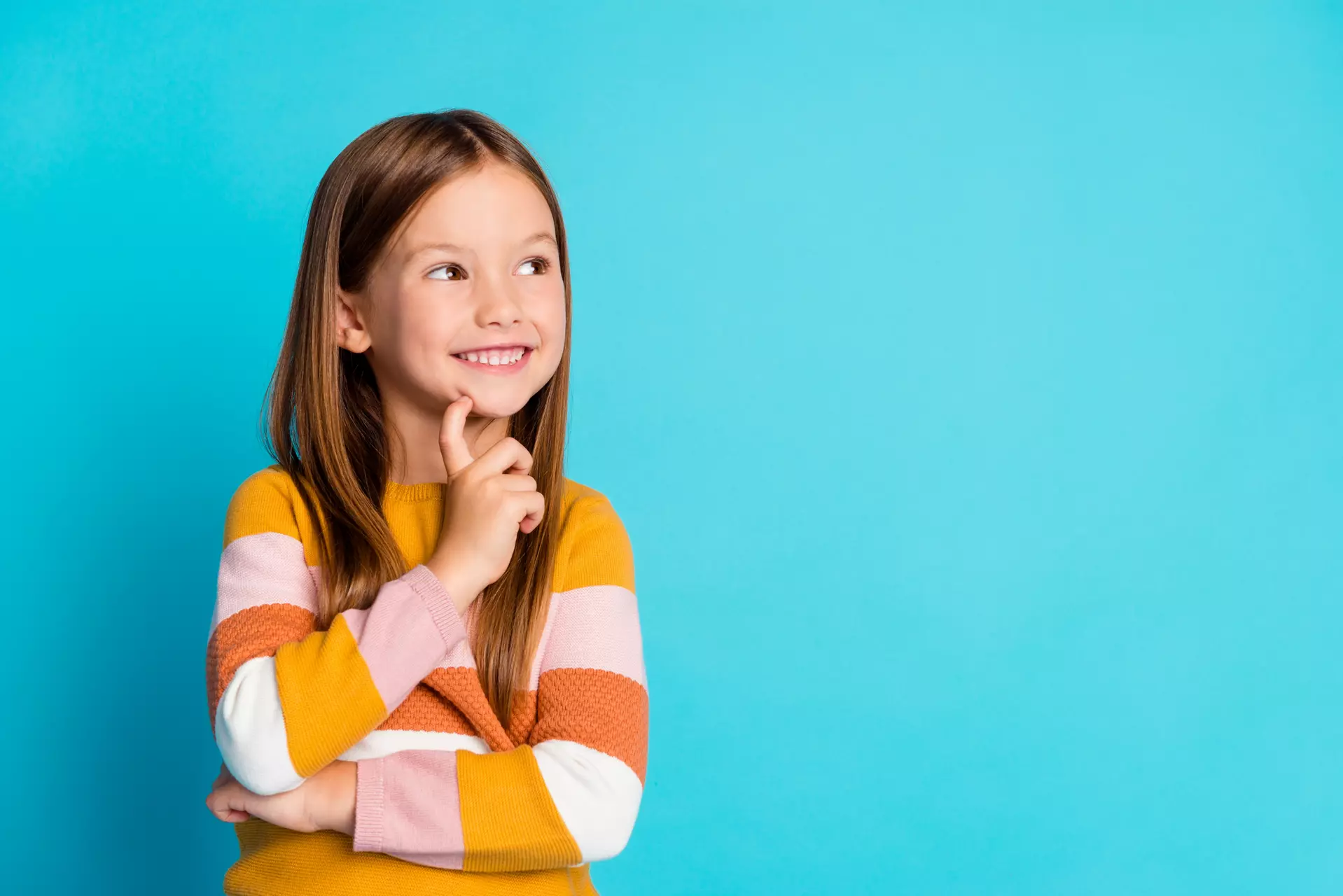 Close-up portrait of her she nice-looking attractive creative cheerful glad long-haired girl learning, creating solution strategy copy space isolated bright vivid shine vibrant blue color background