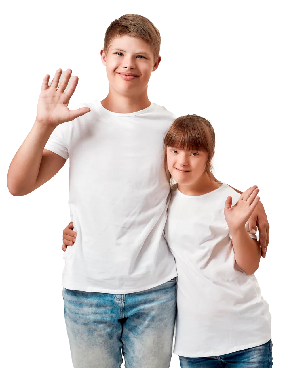 two kids waving hello