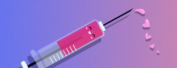 Smiling syringe with purple liquid squirting out