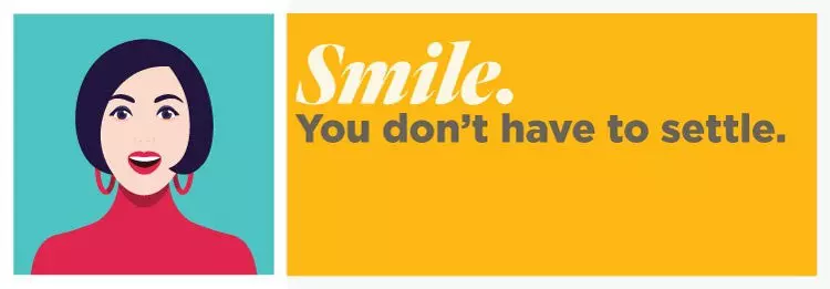 Woman with short hair and red shirt. Smile. You don't have to settle.