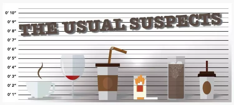 Cups with various drinks that are the usual causes of stained teeth