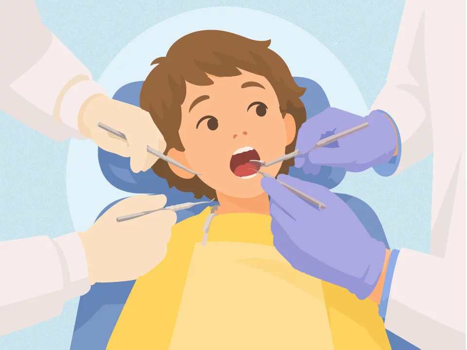 girl in dental chair getting teeth worked on