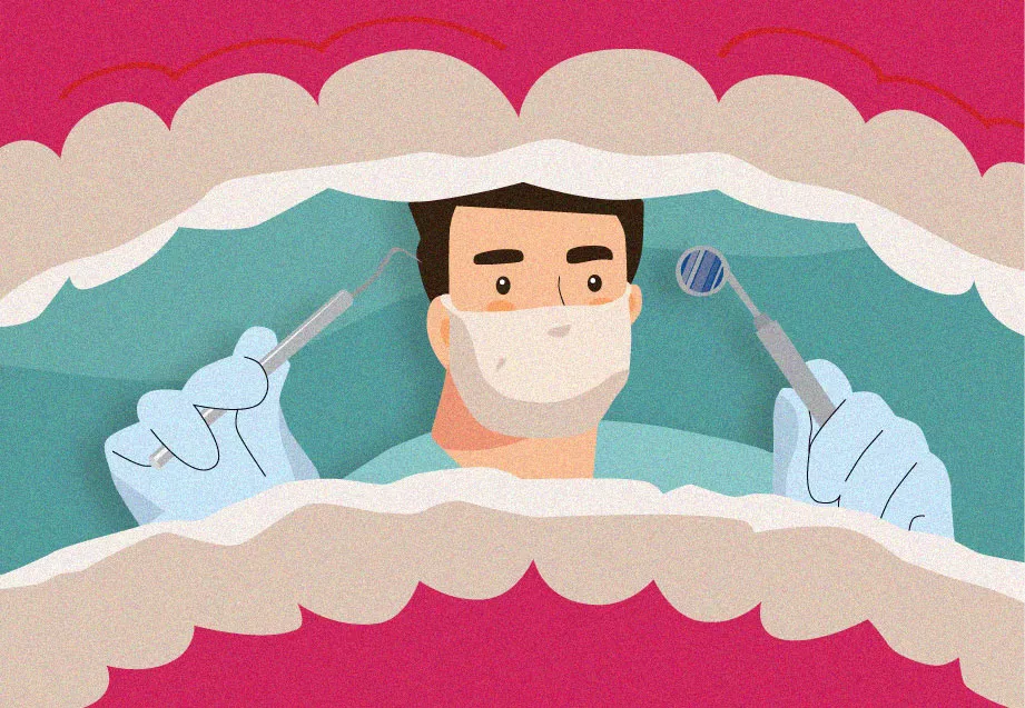 Illustration of a patient's view sitting in the dental chair while the dentist works on their teeth