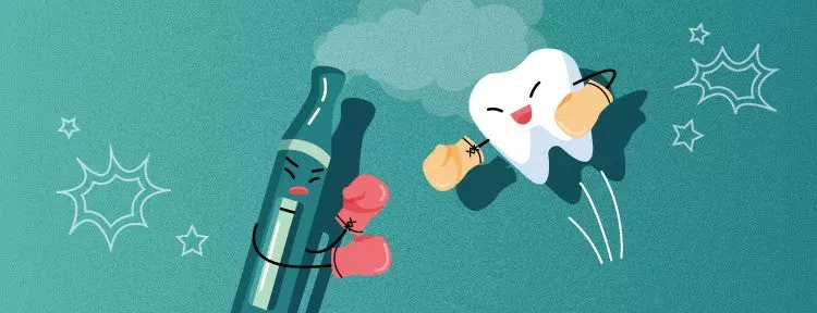 Tooth with boxing gloves fighting e-cigarette with boxing gloves