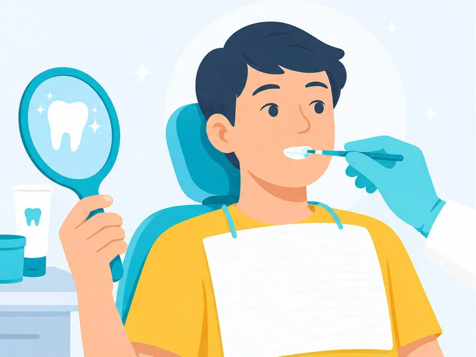Boy in dentist chair holding mirror with tooth on it, getting teeth worked on