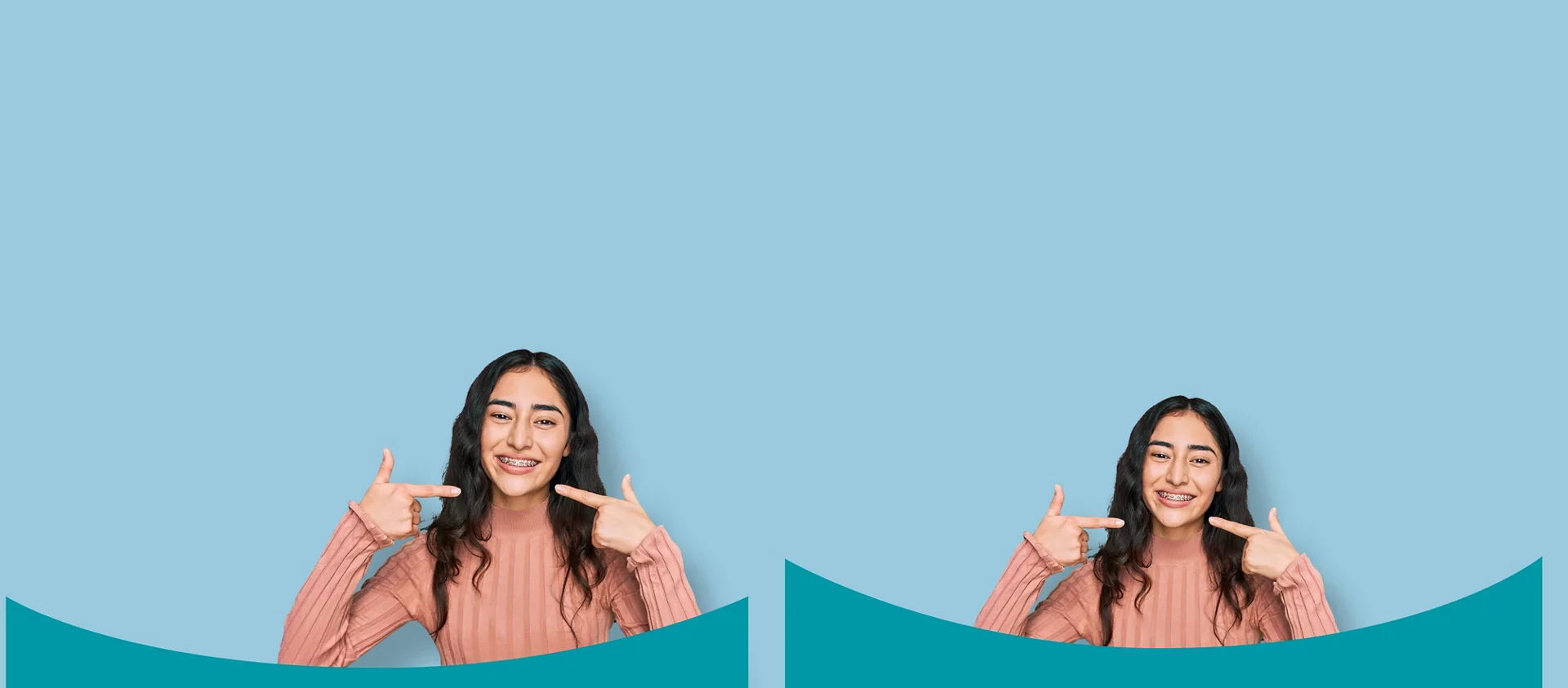 Lady smiling in front of light blue background with braces