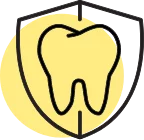 a tooth with a yellow circle placed within a shield.