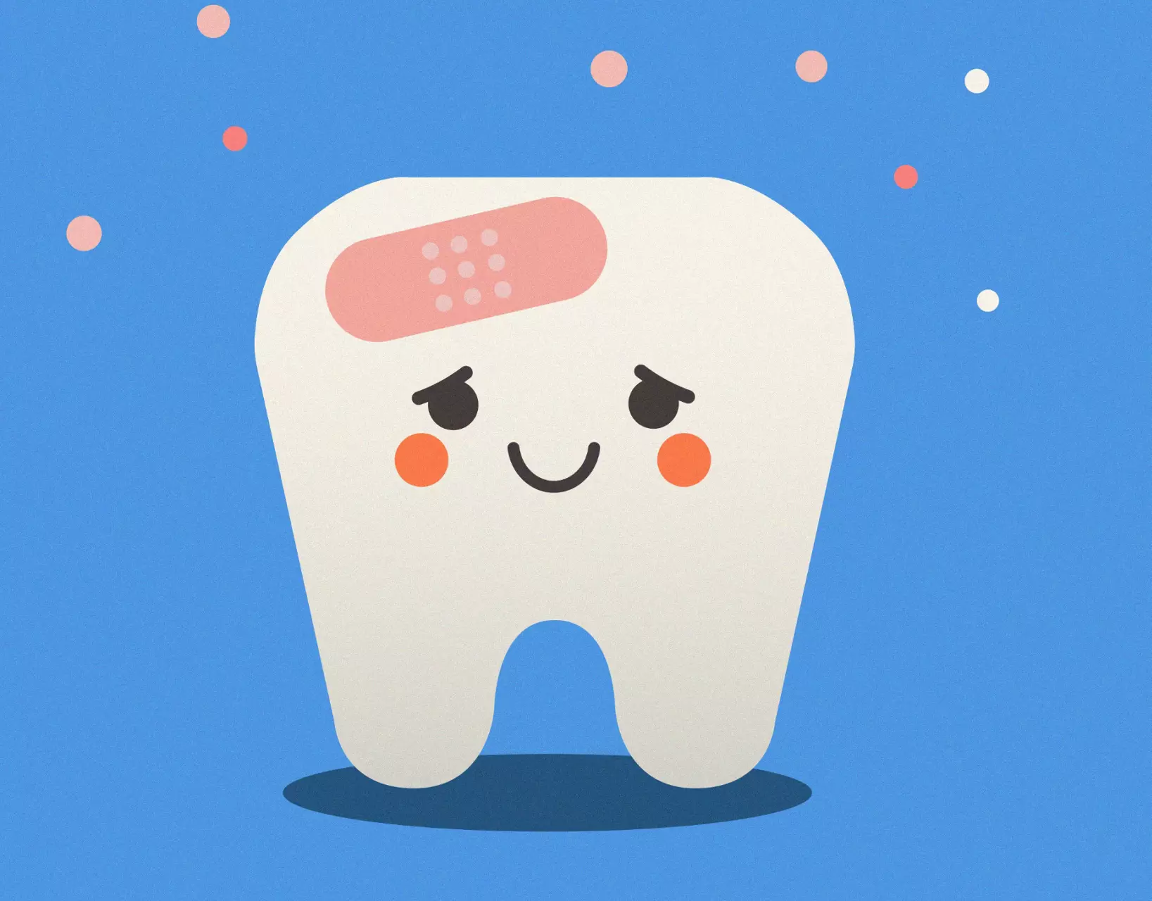 Illustration of a tooth with a bandaid with a blue background