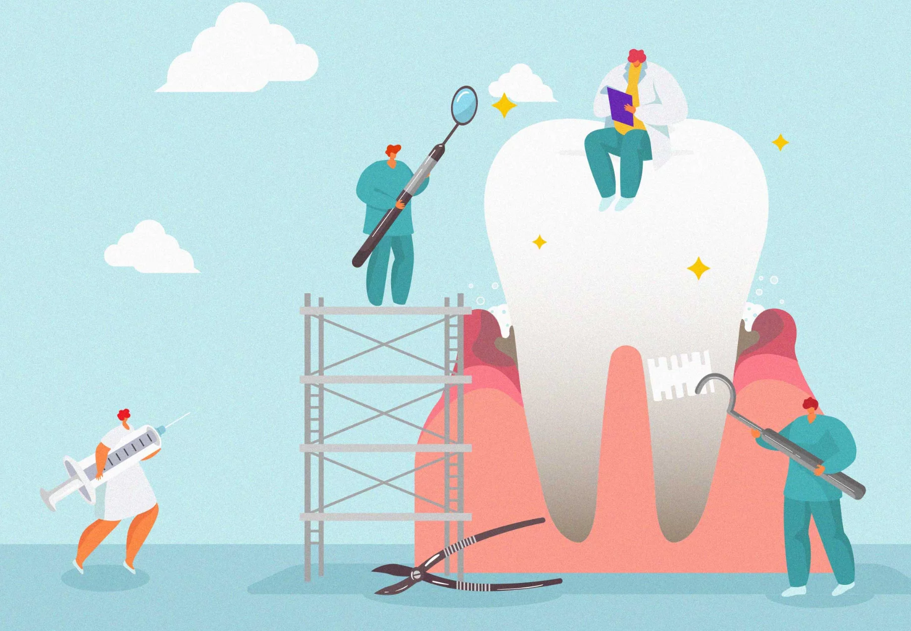 Dental team performing maintenance on tooth 