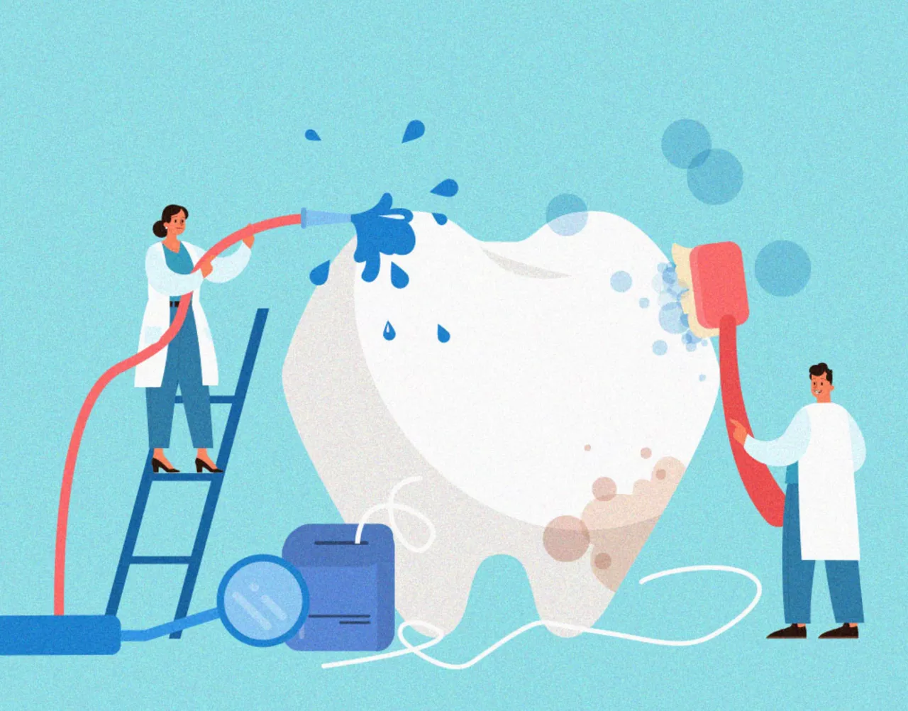 Illustration of a dentist and dental hygienist washing a giant tooth on a blue background