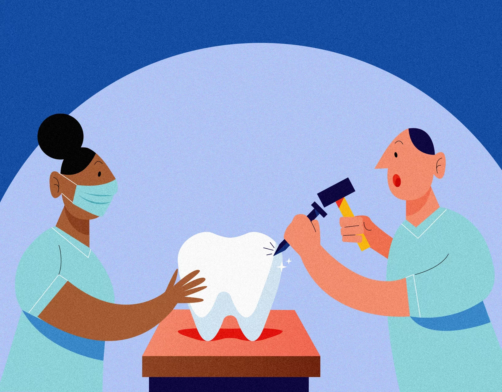 Illustration of a dentist and dental hygienist working on a tooth