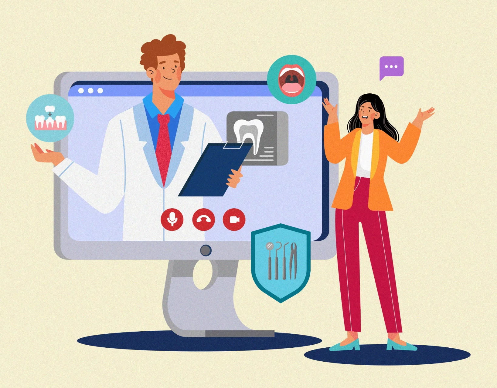 A dentist on the computer screen with a female patient