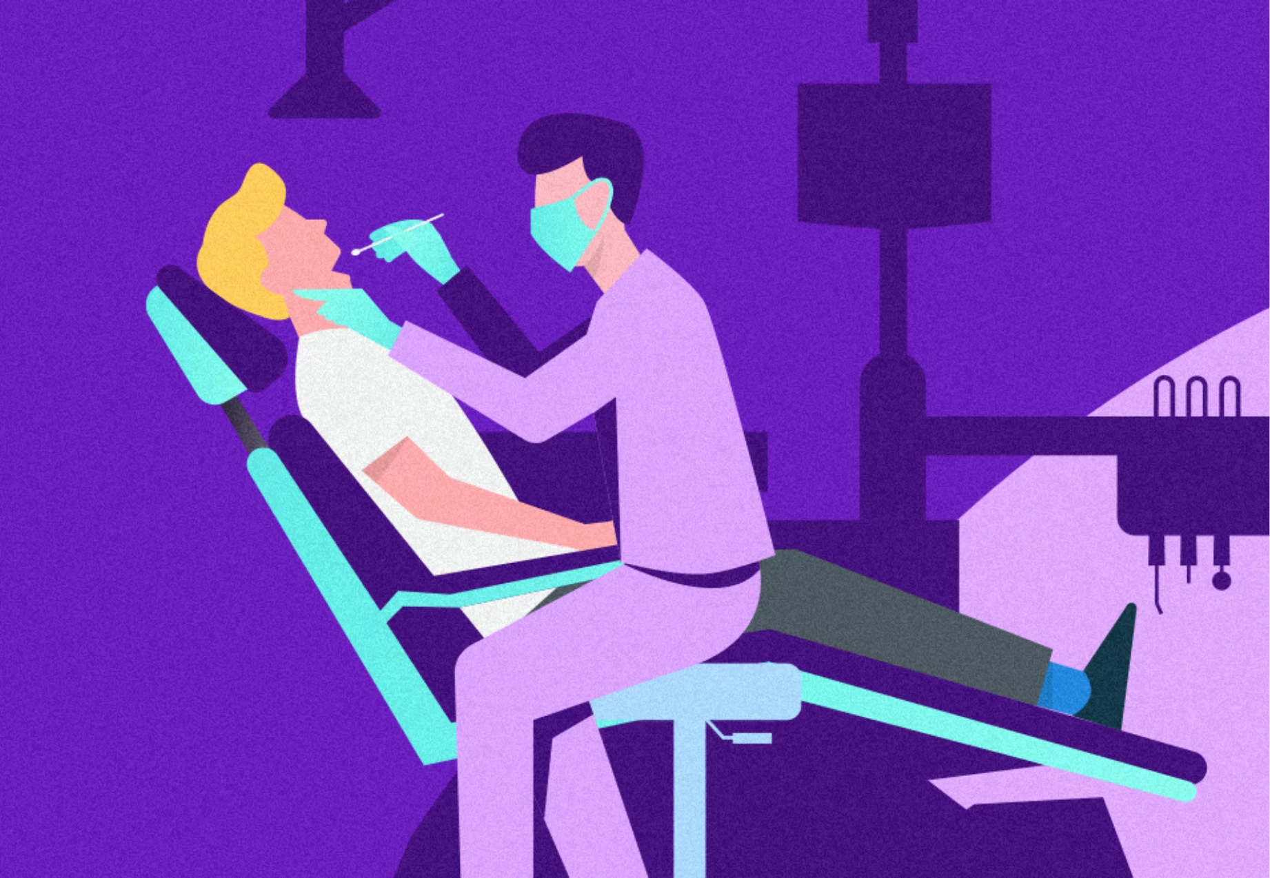 Illustration of a dentist with a patient in the chair with a purple background