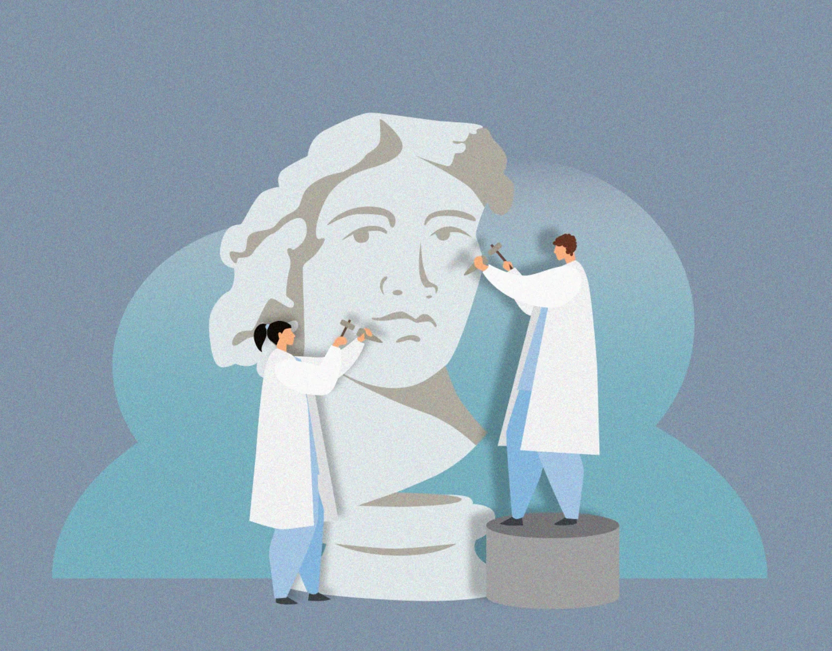 two dentists scultpting a statue and putting it together