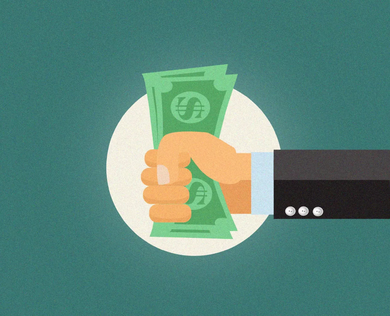 Illustration of a hand holding dollar bills with a green background