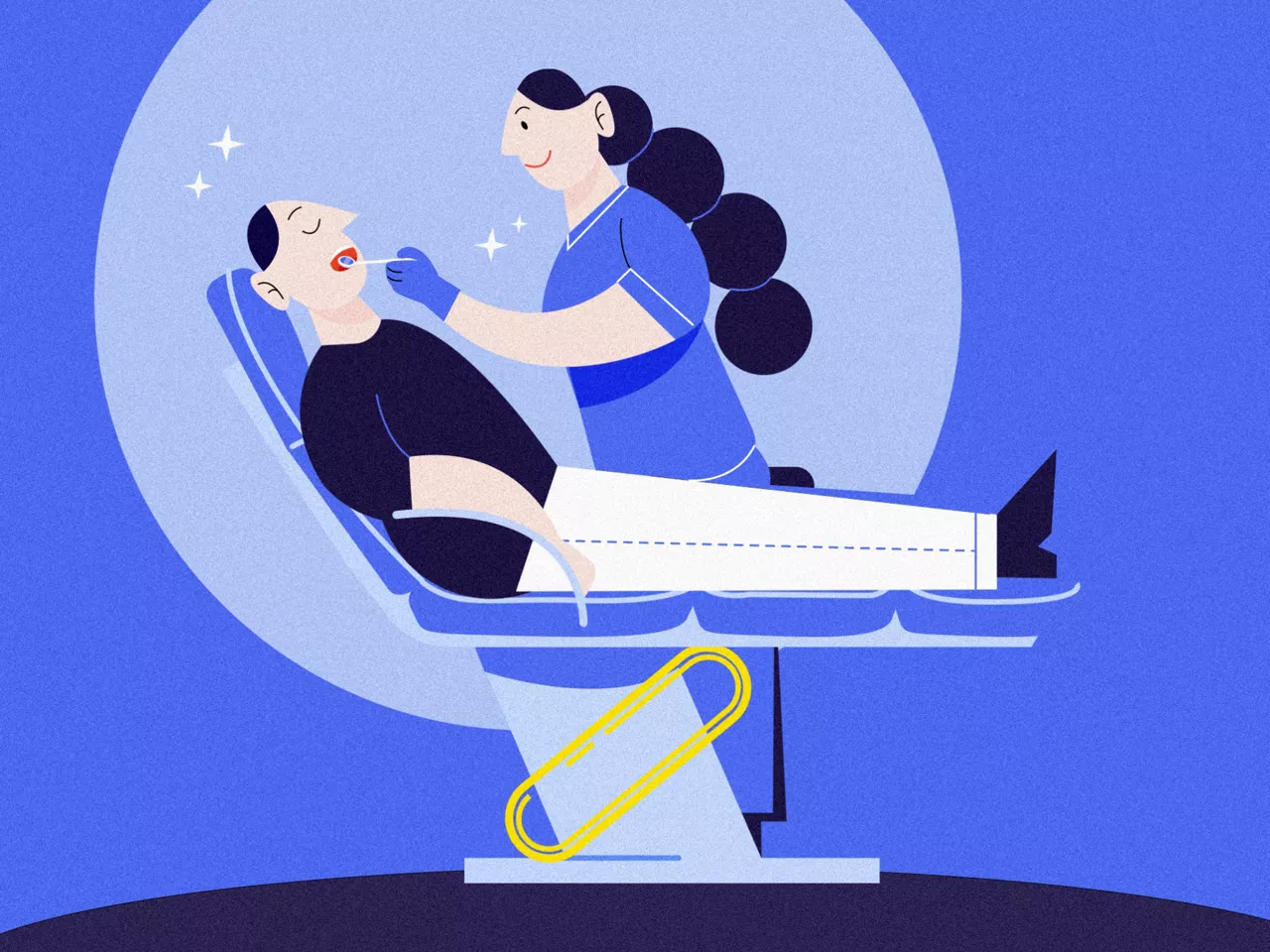 Illustration of a dentist performing dental work on a patient on the chair with a purple background