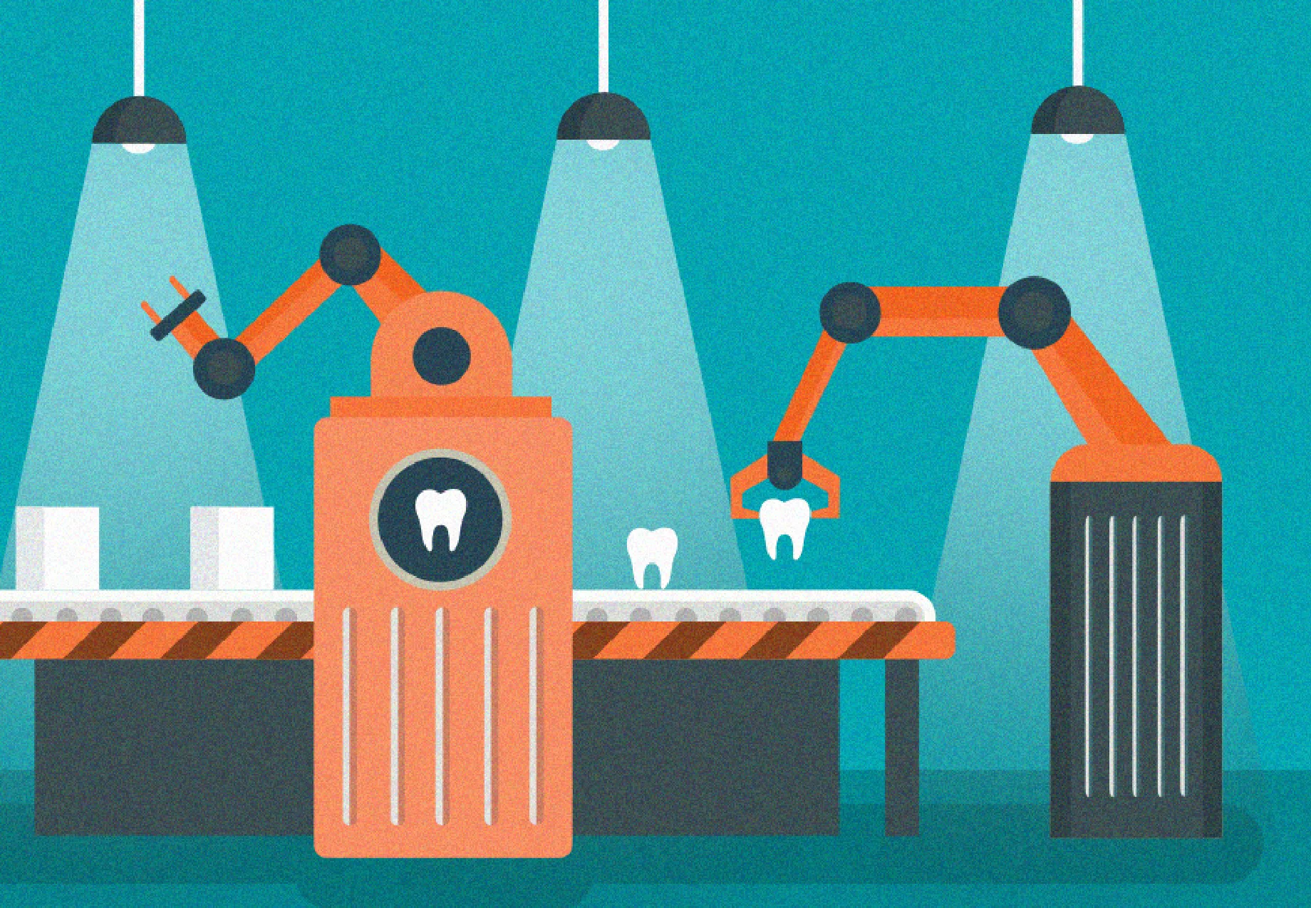Illustration of Robotic arms working with teeth in a conveyor