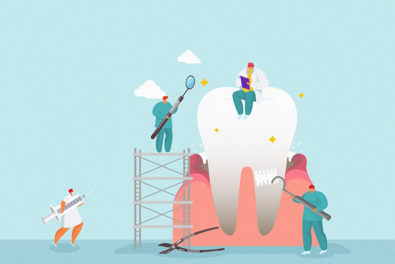 Illustration of a dentist, hygienist, and dental assistant working on a teeth cleaning
