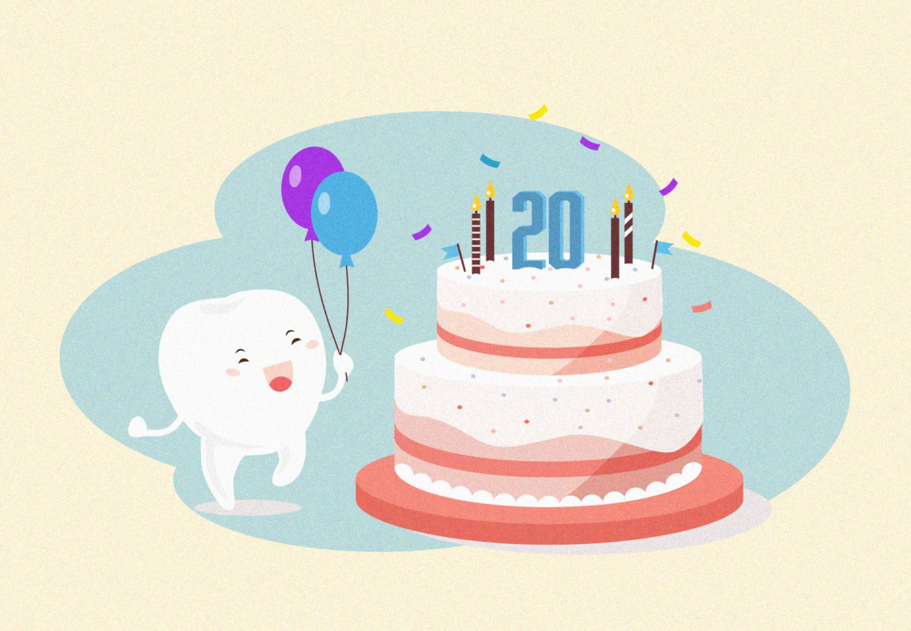 Tooth holding balloons with a birthday cake